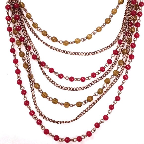 Multi Strand Red Green Glass Bead Necklace Avon SP Retro Colorful - Picture 3 of 9
